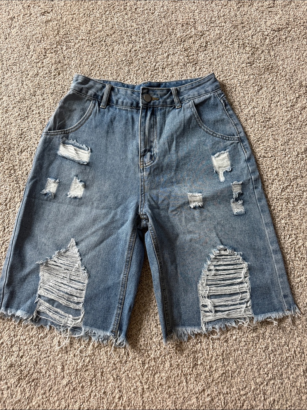 Distressed High-Rise Denim Bermuda Shorts - Blue